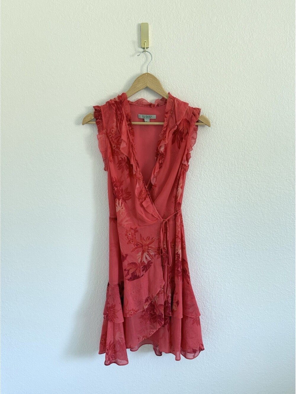 AllSaints Wrap Dress Orange Ari Floral Print Surplice Neck Womens Size 0 Birds
